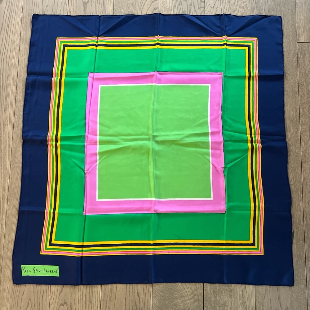 Yves Saint Laurent Silk Green Blue Colorblock Pattern Scarf